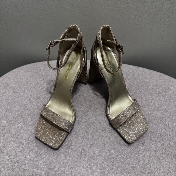 Light Gold Sparkle Open Toe ankle strap Chunky High Heel Shoes Size 6.5 - Picture 2 of 7